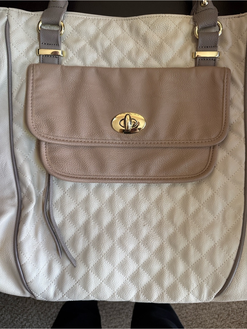 Steve Madden Cream Quilted Tote Shoulder Bag Taupe Gold
